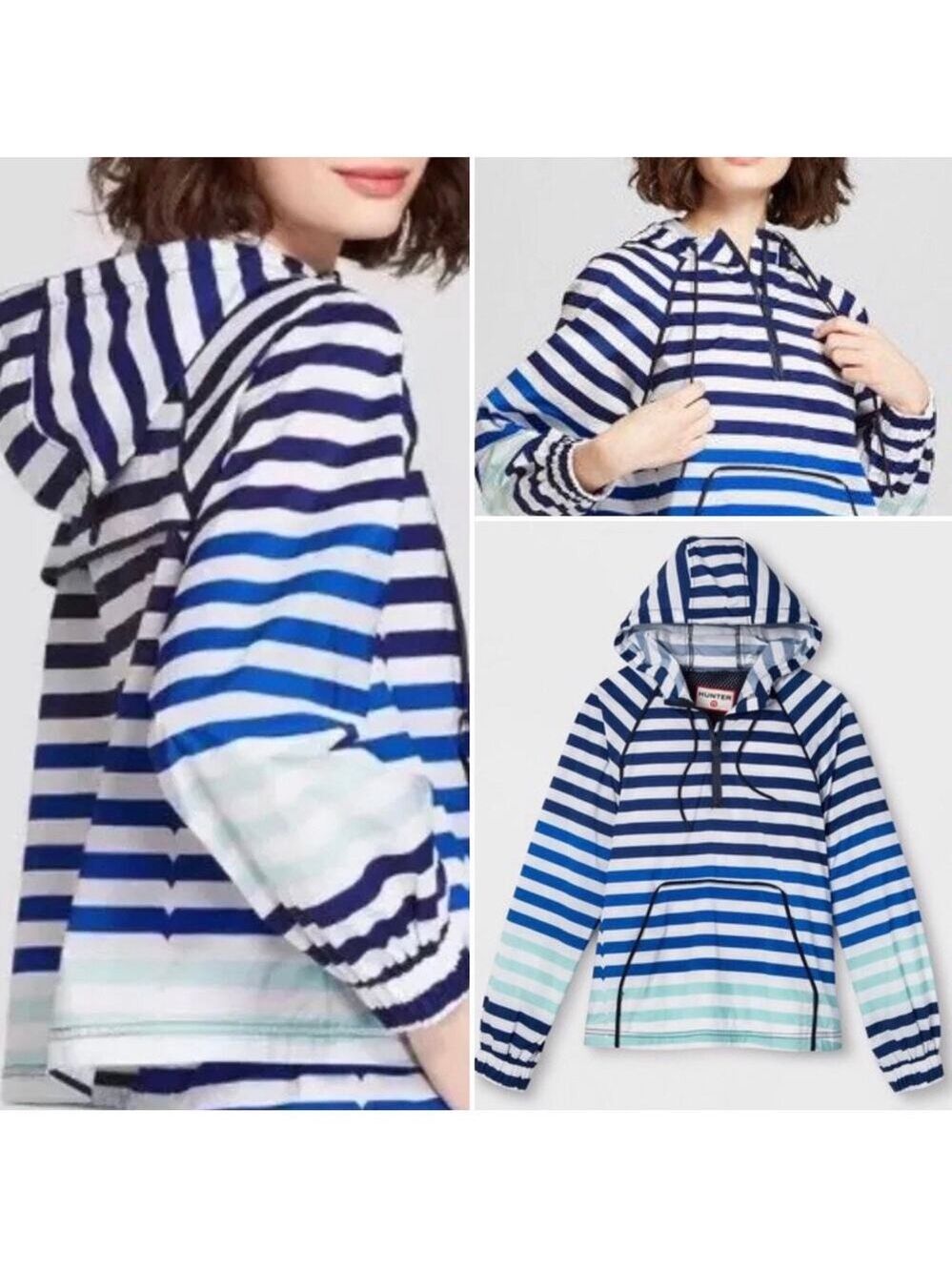 Hunter for Target Blue White Stripe Packable Hooded Rain Jacket, Medium